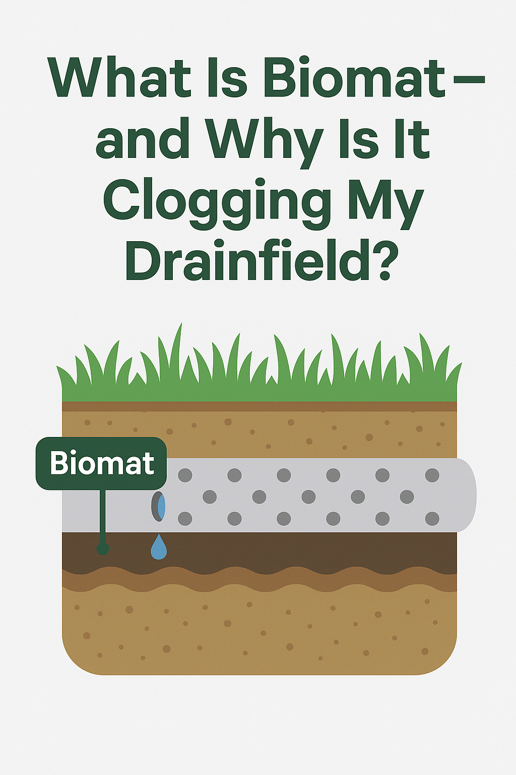 Image of Simple cross-section illustration showing how a drainfield works, with labels for the pipe, biomat, and soil. A water droplet shows slow absorption beneath the biomat layer.